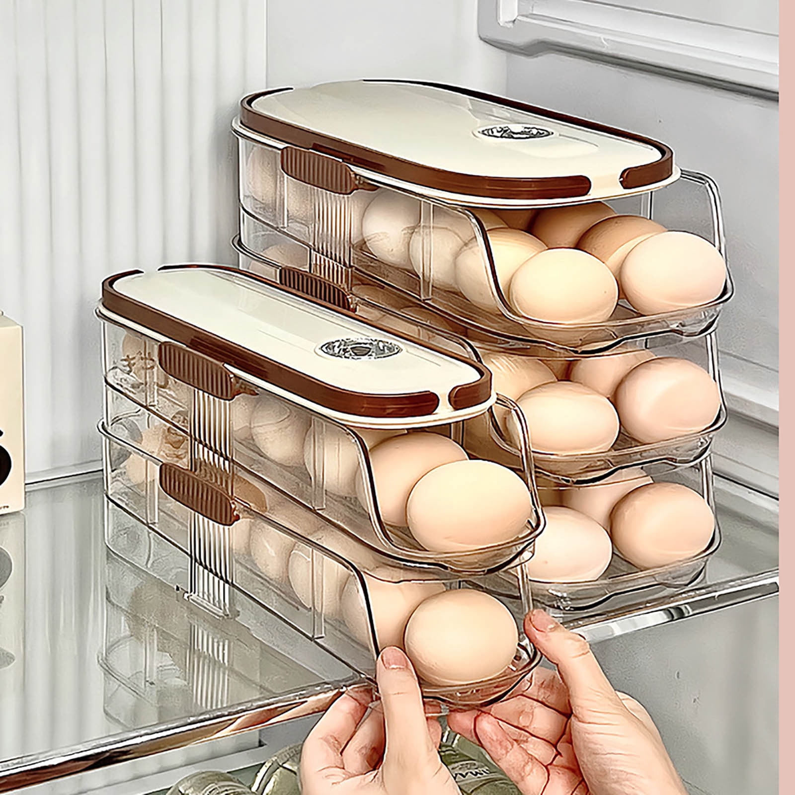 Portable Egg Holder for Fridge Organizer - Auto Rolling Egg Dispenser and Storage for Space-Saving Kitchen Solutions with Adjustable Lid and Efficient Egg Tray Design