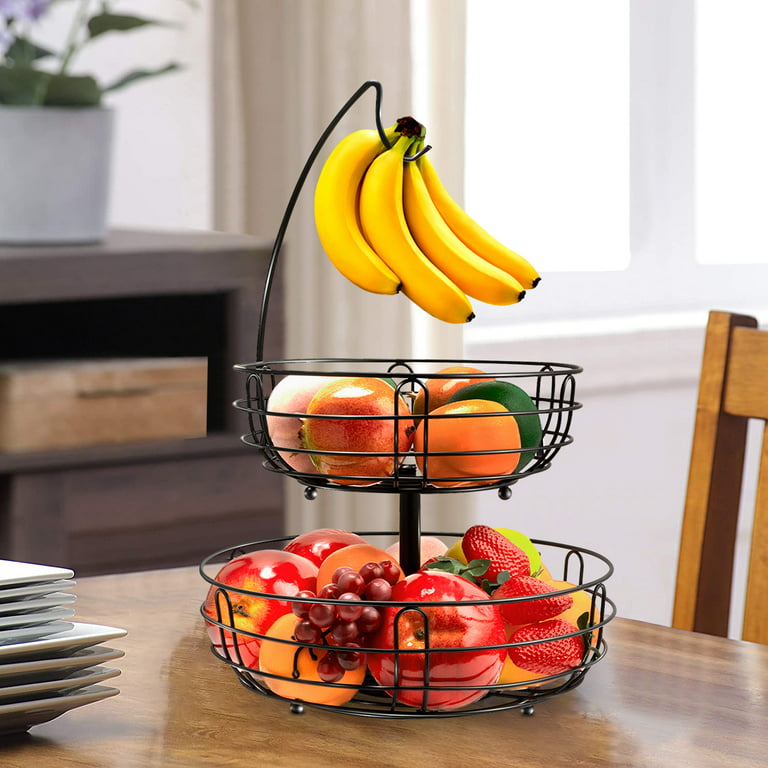 Auledio Fruit Basket, 2 Tier Fruit Basket with Banana Holder Metal Fruit  Bowl for Kitchen Home Decor Storage Basket (Black)