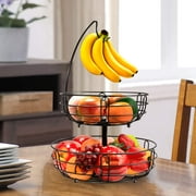 Auledio Houseware 2-Tier Metal Fruit Basket with Detachable Banana Hanger for Kitchen Counter, Black