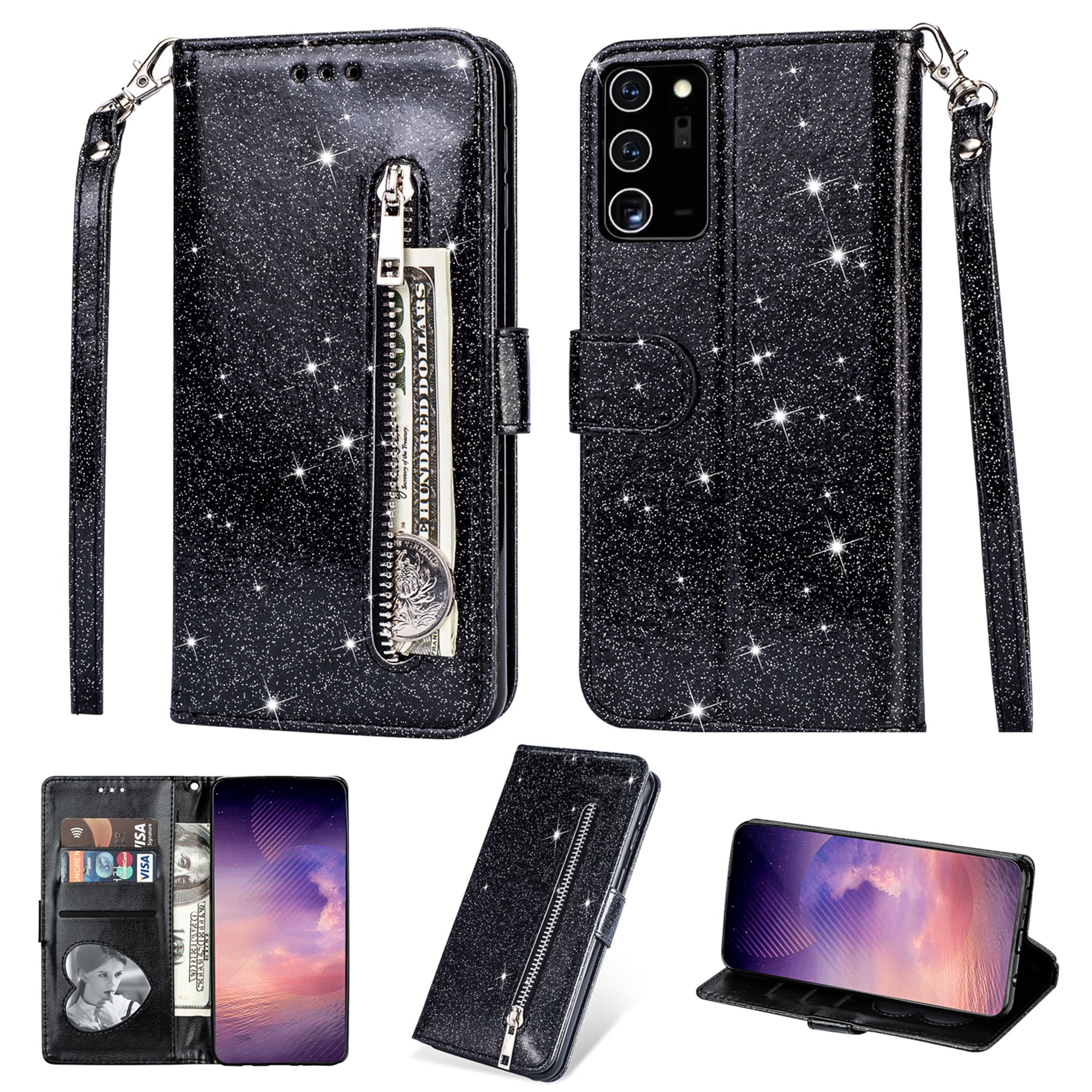 Miagon Zipper Glitter Wallet Case for Huawei P30,Bling Flip PU Leather Folio Cover Shiny Magnetic Girls Stand Bumper with 9 Card Slots and Wrist Strap,Black 