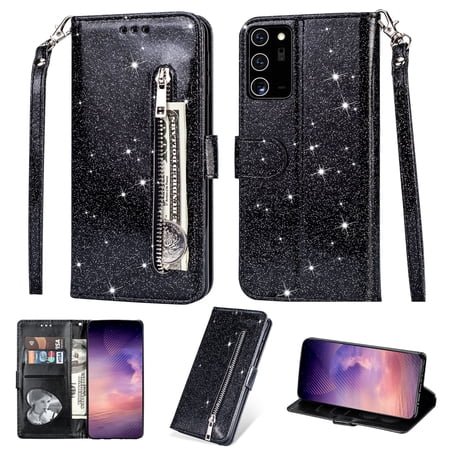 Samsung Galaxy Note20 Case, Dteck Bling Glitter PU Leather Zipper Wallet Case Cover With Hand Strap For Samsung Galaxy Note20 5G, Black