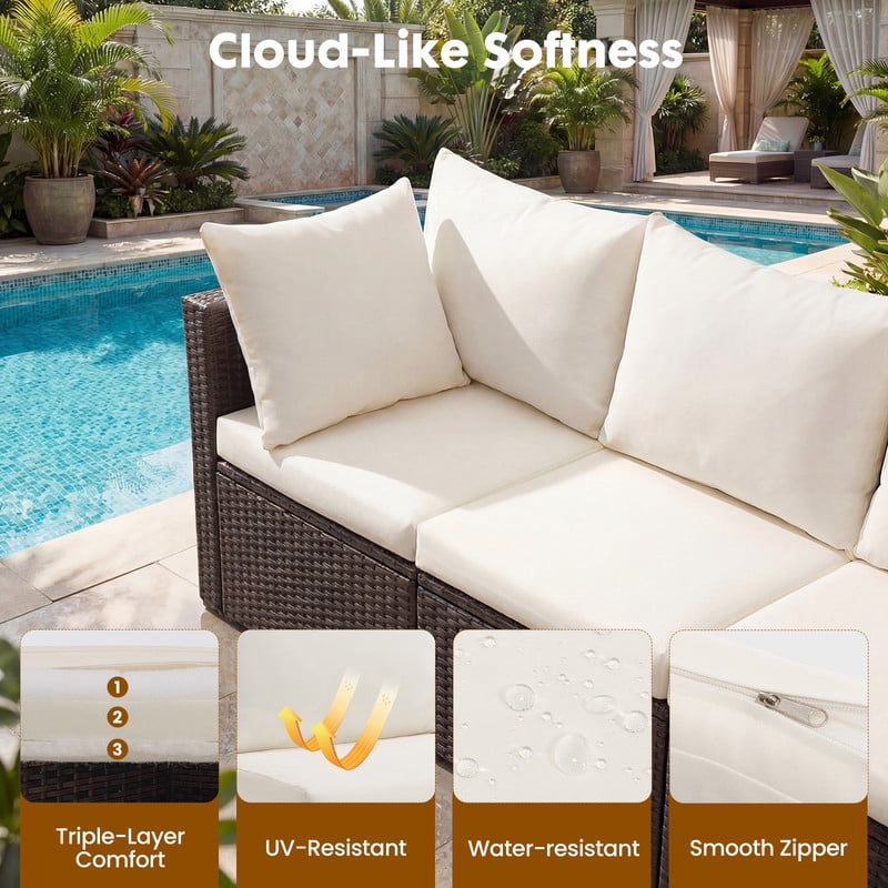 Gianna 7 Piece Outdoor Patio Sectional Sofa, Modular Wicker Furniture Set with 2.8" Thick Cushions, Adjustable Feet, All-Weather Rattan Outdoor Couch for Backyard, Poolside, Brown