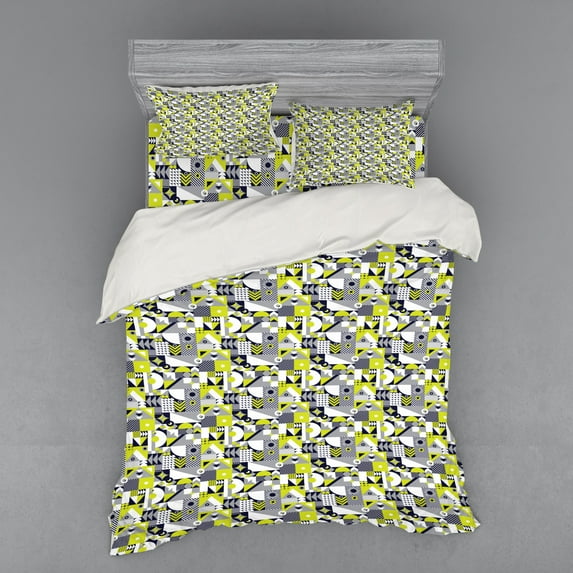 Ambesonne Abstract Bedding Set 4 Pcs, Contemporary Mosaic, Queen, Yellow Green