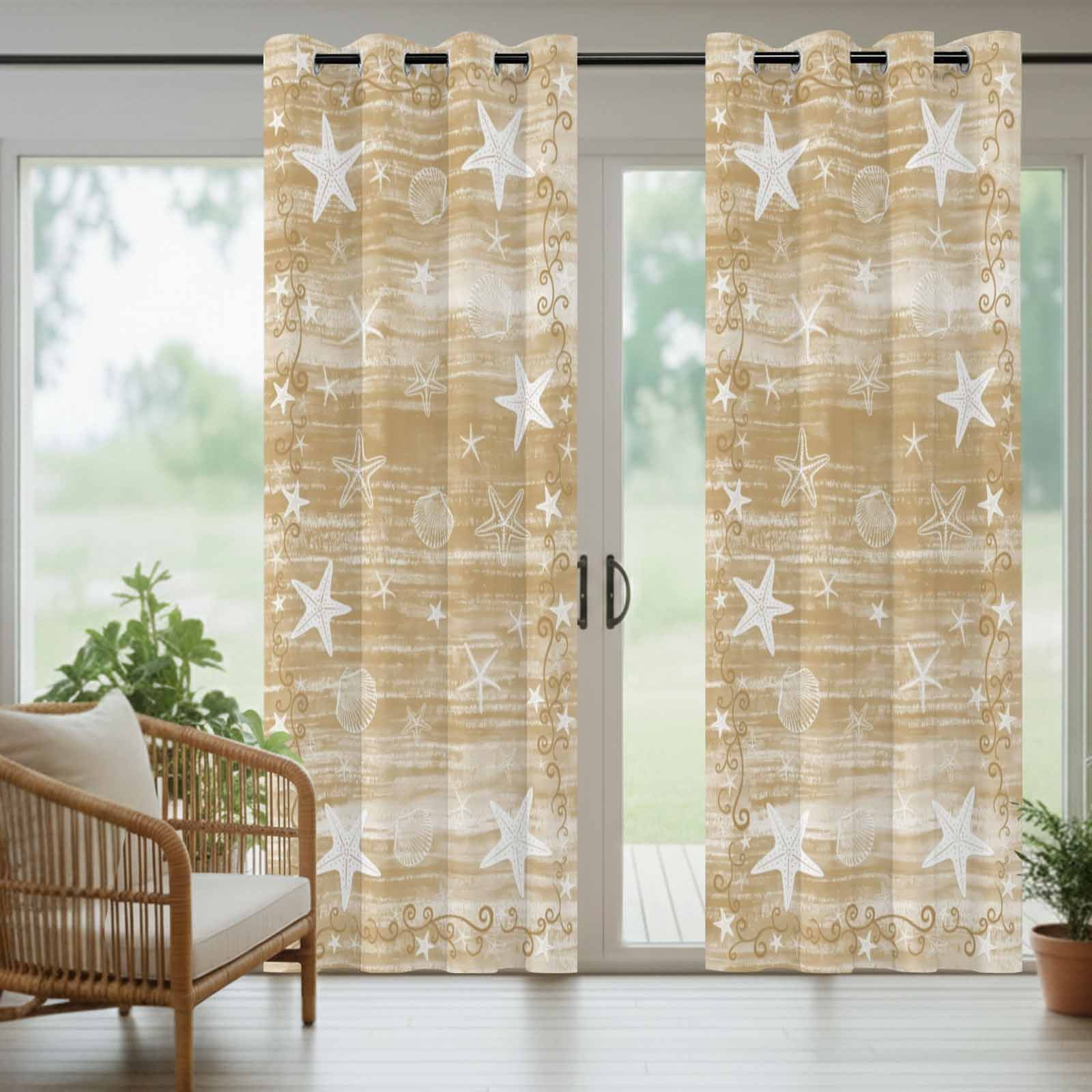 Light Brown Coastal Outdoor Curtains for Patio, Starfish Shell Summer Beach Ocean Rustic Sunshade Privacy Drapes Grommet Waterproof Outside Curtains for Porch/Cabana/Balcony 54"x 108", 1 Panel