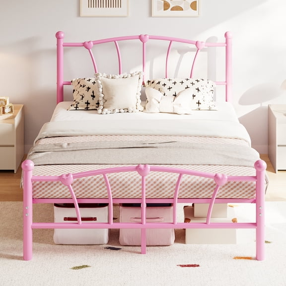 PYY Bed Frame Chic Pink Heart-Shaped Metal for Home Office Full Size Platform for Girls, Heavy-Duty, Noise-Free, Easy Assembly, No Box Spring Needed, Bedroom Decor, Pink, Full