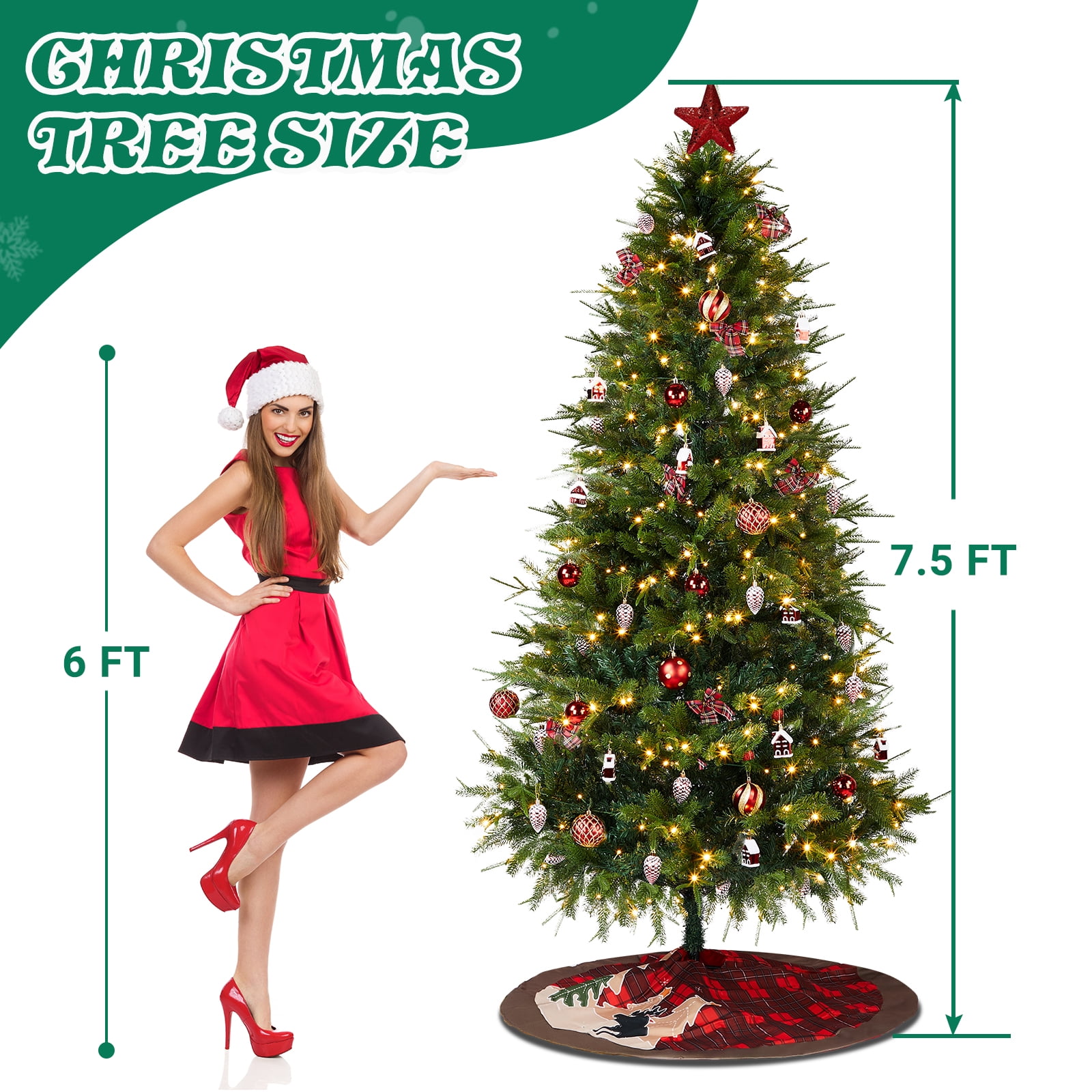 Astoutdoor 7.5 ft Artificial Christmas Tree with 400 Warm White LED Lights, Hinged Pine Tree with Tree Skirt and Ornaments, Green