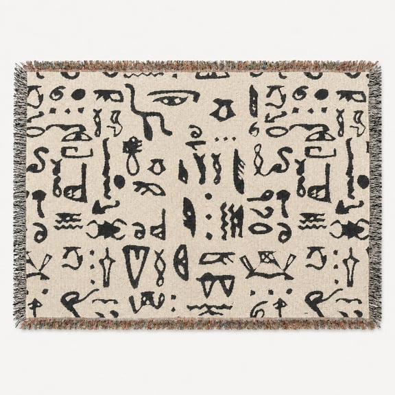 Ancient Symbol Pattern in Black and Cream Woven Blanket, 100% Cotton, Eclectic Home Decor