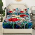 thumbnail image 3 of Ensemble de Draps-Housses Coquelicot Rouge Taille Complète 4 Pcs, Draps pour Adolescents Fleurs Rouges Jardin Rustique Libellule, Ensembles de Literie Patchwork Style Vitrail Artistique (1 Drap-Housse, 1 Drap Plat, 2 Taies d'Oreiller), 3 of 6
