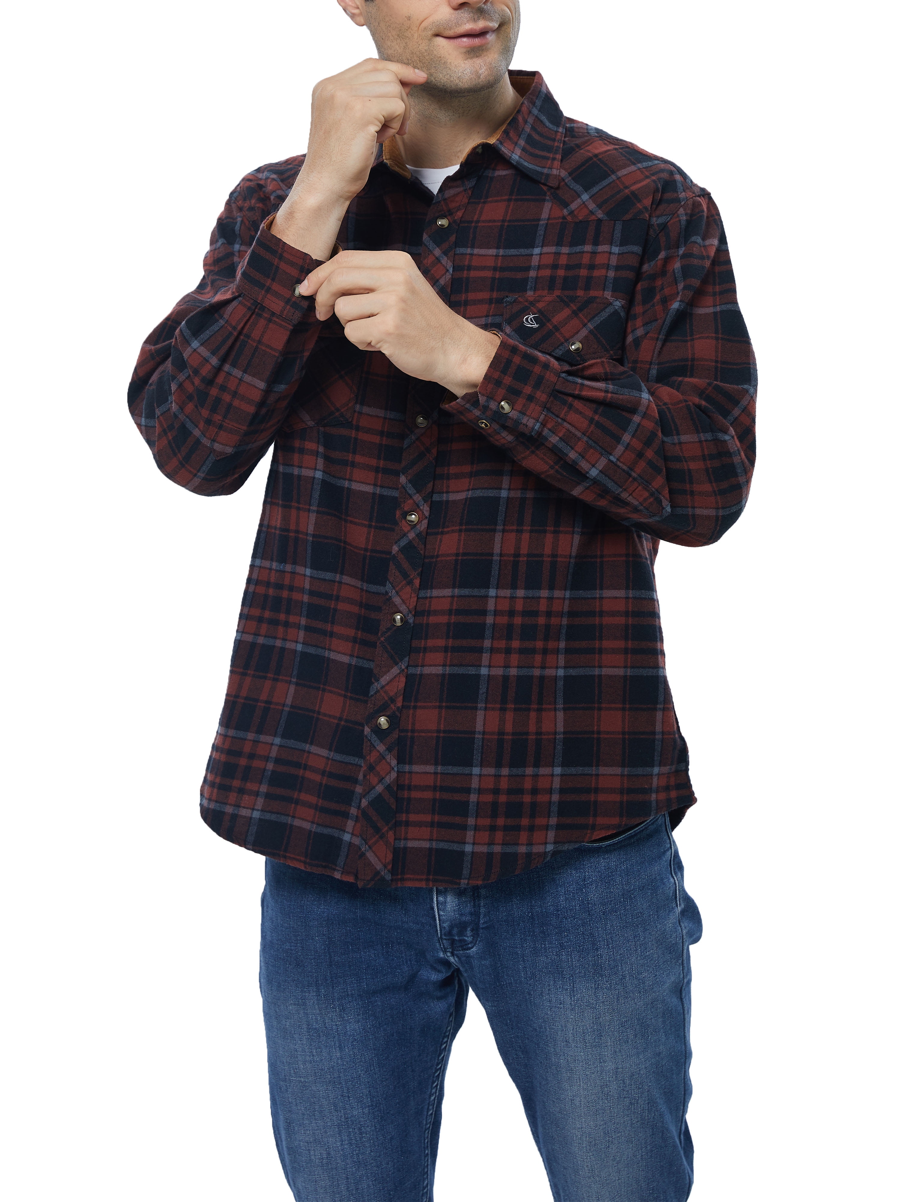 COEVALS CLUB Men's Flannel Snap Button Shirt - Corduroy Lined Collar & Cuffs, Plaid Long Sleeve, Regular Fit, 100% Cotton - View #4