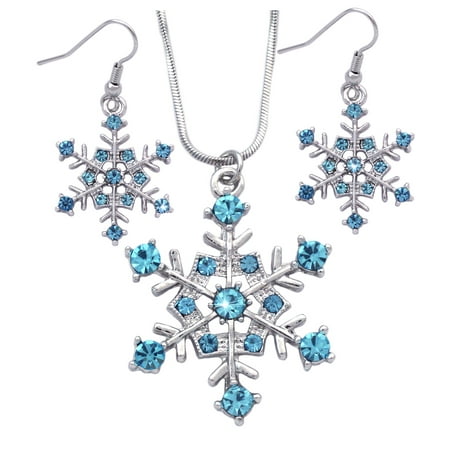 cocojewelry Snowflake Pendant Necklace Earrings Set Bridesmaid Christmas Holiday Jewelry