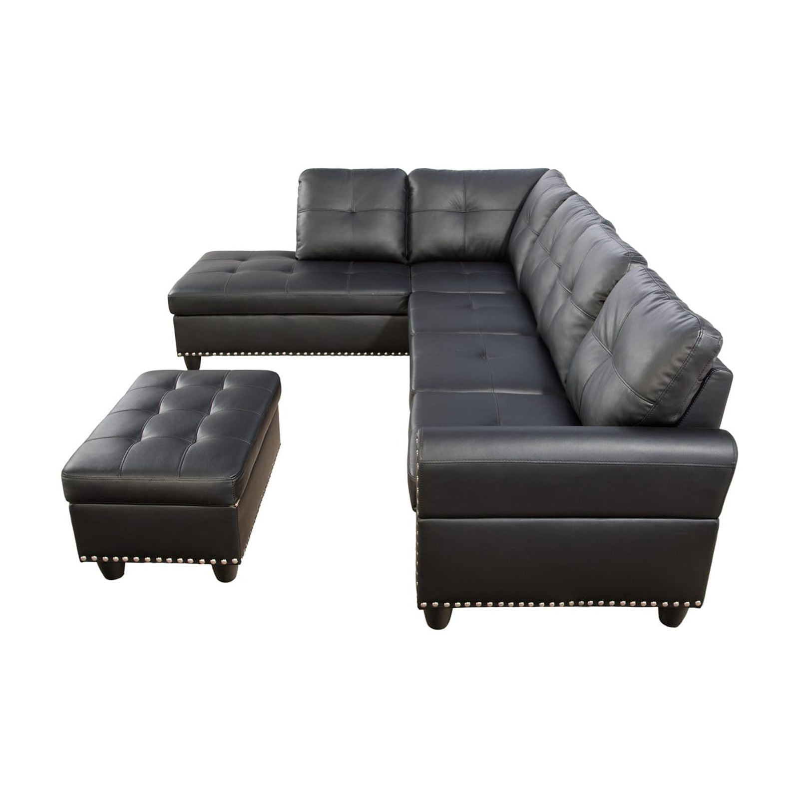Hommoo L-Shaped Faux Leather Upholstered Sectional Sofa with Storage and Cup Holders, Living Room Furniture Set Sofa Set with Ottoman, Black