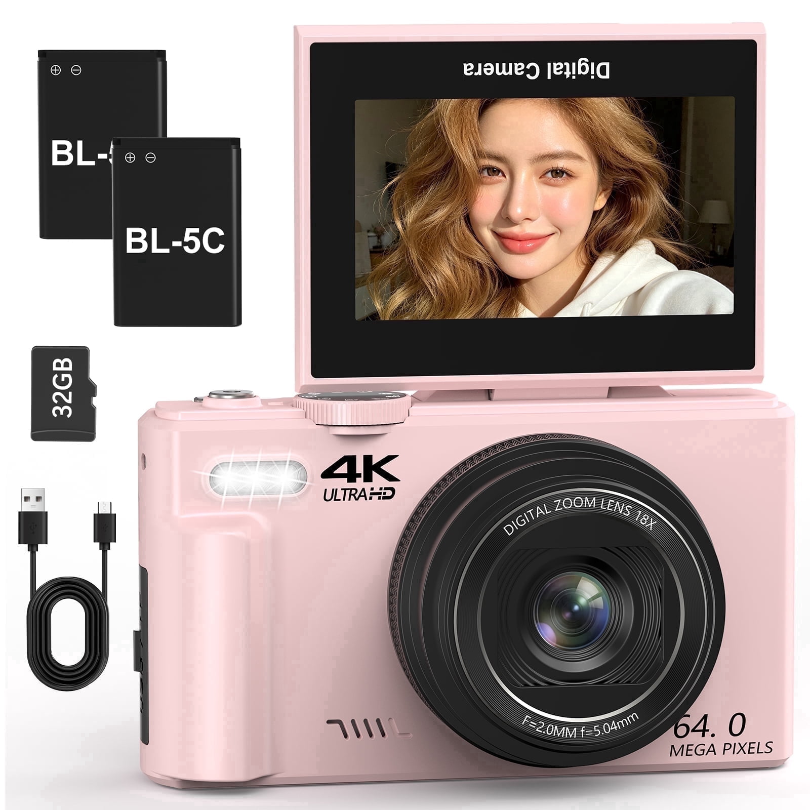 XLURC 4K Digital Cameras Wifi 64MP Vlogging Camera for Youtube with SD Card 3" 180° Flip Screen Photography Camera, 18X Digital Zoom, 2 Batteries