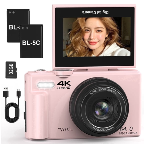 XLURC 4K Digital Cameras Wifi 64MP Vlogging Camera for Youtube with SD Card 3" 180° Flip Screen Photography Camera, 18X Digital Zoom, 2 Batteries