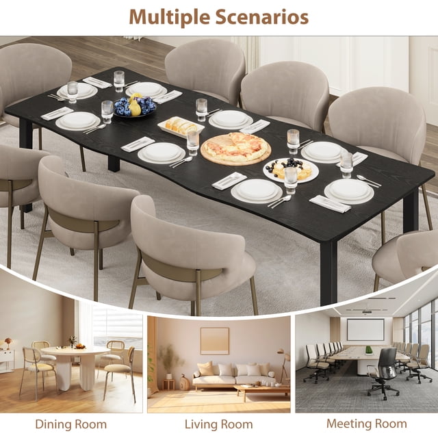 Modern Minimalist Rectangular Dining Table, 79 Inch Wave Edge Waterproof MDF Top with Scratch Resistant Surface, Sturdy Metal Legs, Seats 6-8 People, Easy Assembly for Kitchen Dining Room Study, Black