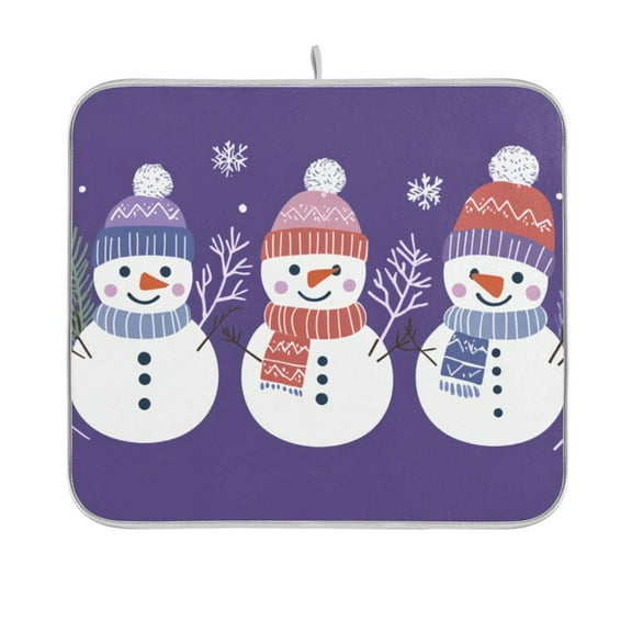 Purple Background Christmas Snowman Dish Drying Mat Absorption Pad Kitchen Drainer for Counter Dinning Table 16" x 18"