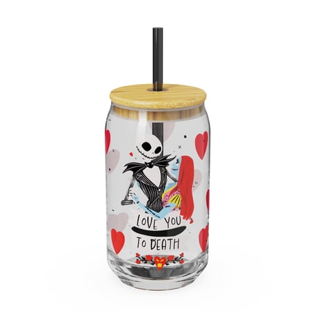 Zak Designs 15.5oz Nightmare Before Christmas Hadley Glass Tumbler with Bamboo Lid and Plastic Straw