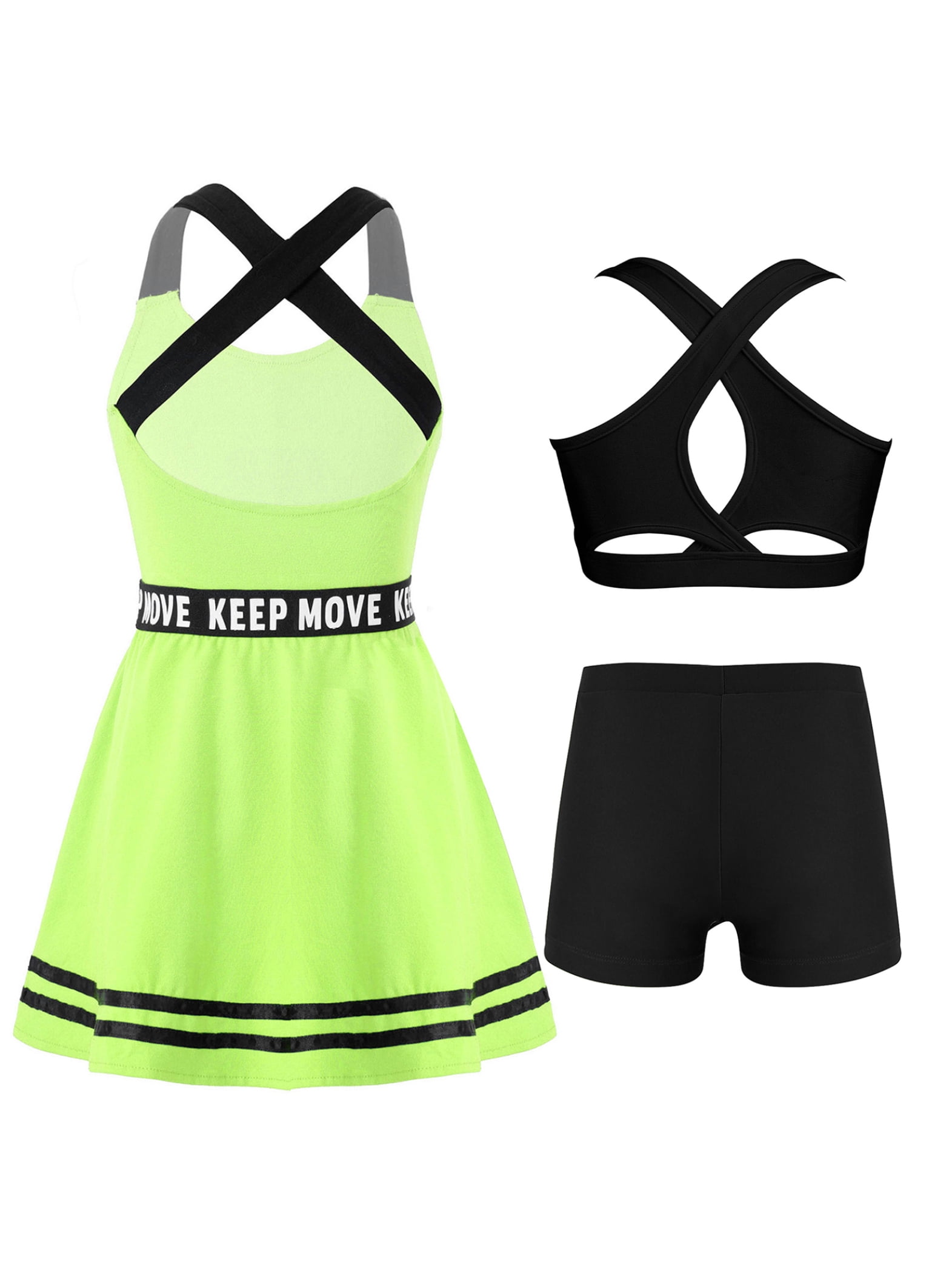 Miutii 3Pcs Kids Sports Tenins Outfits Girl Athletic A-line Dress with Racerback Bras Vest and Shorts Fluorescent Green 12