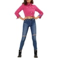 thumbnail image 3 of INSPIRE CHIC Women's Denim Cropped Jackets Chest Pocket Plaid Trim Button Down Jean Jacket XS Fuchsia, 3 of 8
