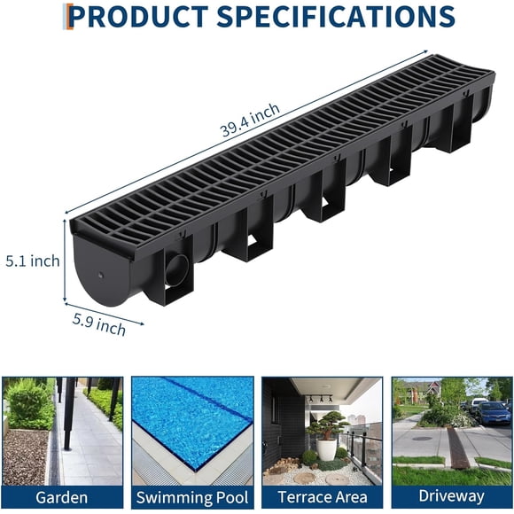 OUYAWEI 6 Pcs Système de Drainage de Tranchée Canal de Drainage d'Entrée Embouts de Grille en Plastique Robustes Noir