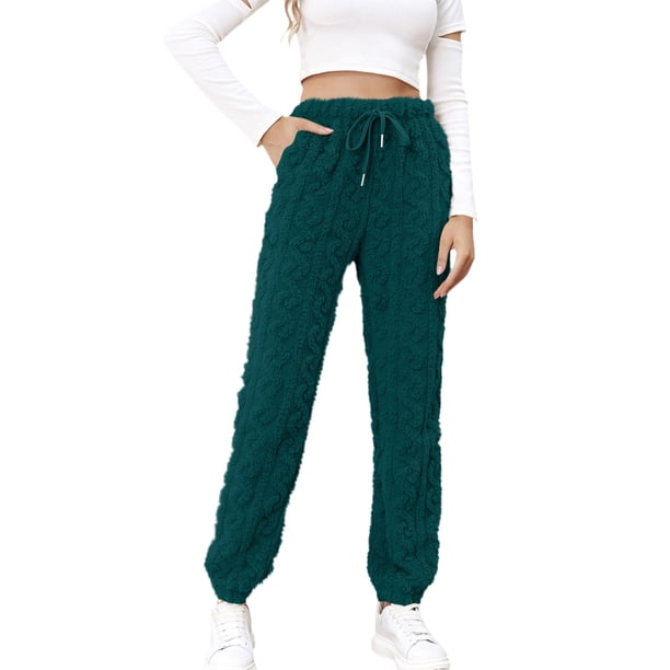 Gibobby Pantalones para mujer deportivos Pantalones de chándal de forro polar peludo para mujer, pantalones de forro polar con cordón grueso y cálido para invierno(Verde,G)