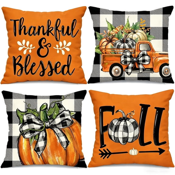 Coolmade Fall Throw Pillow Covers 18x18 Set of 4, Buffalo Plaid Pumpkin Thankful Blessed Farmhouse Decor, Indoor Outdoor Use for Couch Sofa Porch Thanksgiving Home Decorations