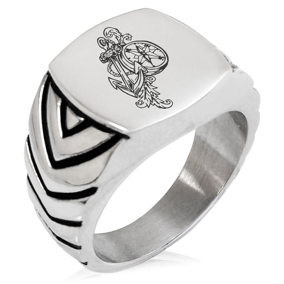 Stainless Steel Nautical Feather Compass & Anchor Chevron Pattern Biker Style Polished Ring