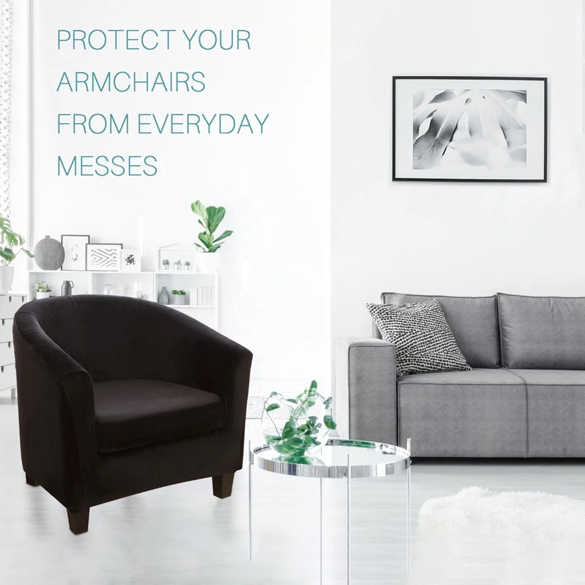 Eurhowing Stretchable Tub Chair Slipcover, 2-Piece Velvet Soft Armchair Cover with Cushion Cover, Elastic Fit Club Chair Sofa Couch Slipcover, 2-Pack, Black