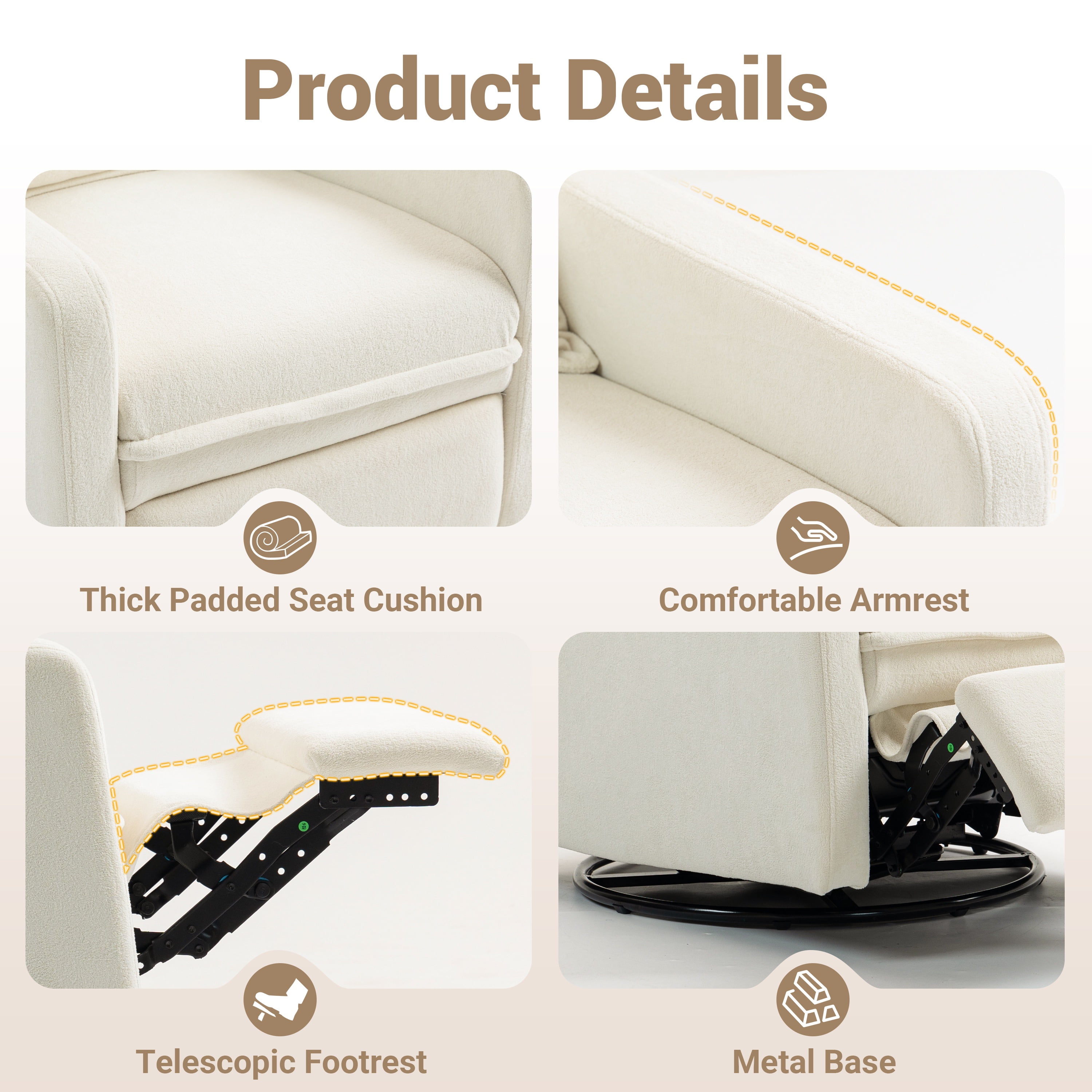 Paproos Swivel Rocker Recliner, Velvet 360°Swivel Rocking Recliner, Glider Rocking Chair for Nursery, Small Rocker Chair for Small Space, Manual Recliner for Adults for Home Theater, White