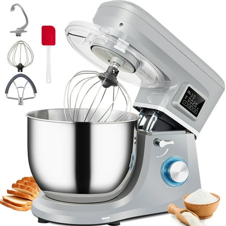 

BENTISM Stand Mixer 660 W 6-Speed Dough Mixer with LCD Screen Timing Tilt-Head Food Mixer with 7.4 Qt Stainless Steel Bowl Dough Hook Flat Beater Whisk Scraper Splash-Proof Cover Gray 120 V