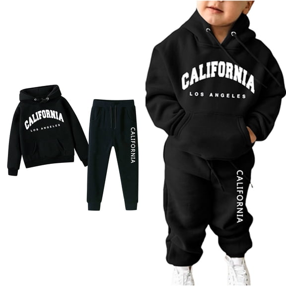 LIUYUNNN Kids Toddler Sweatsuit 2 Piece Long Sleeve Black Letter California Pullover Hoodie and Active Jogger Pants Fall Clothes Girls Size 4-5 Years Clothes Boys Girls Autumn and Winter Outfits