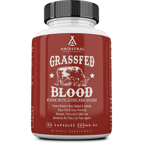 Ancestral Supplements Grass Fed Blood is Blood, Liver & Spleen Formula, 500mg, Grass Fed Beef Supplement, Red & White Blood Cell Formation, Immune and Heart Health Support, Non GMO, 180 Capsules