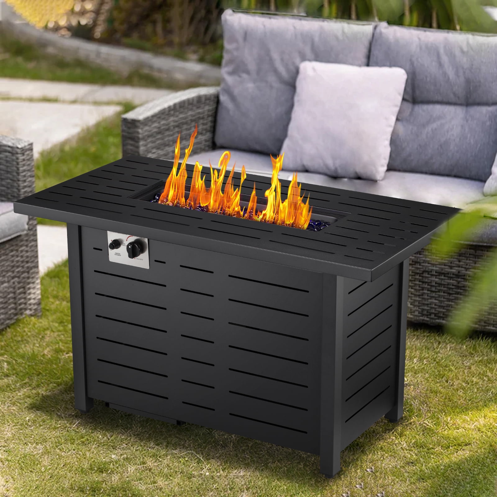 KNDKO 43" Outdoor Propane Fire Pit Table - 50,000 BTU Auto-Ignition Gas Fire Table with Lid, Weather-resistant Backyard Heater for Patio, Deck & Garden