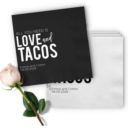 50pcs All You Need is Love and Tacos Personalized Wedding Napkin - Taco Rehearsal Dinner, Fiesta Table Decor, Napkins for Taco Station - Custom name Paper Napkins, Wedding napkins for reception 5"x5"