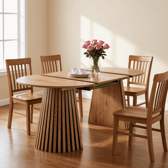 BINBANK Retractable Oval Dining Table, Solid Wood Slatted Legs, Adjustable Multifunctional, Space Saving for Dining Room, Office & Tea Room