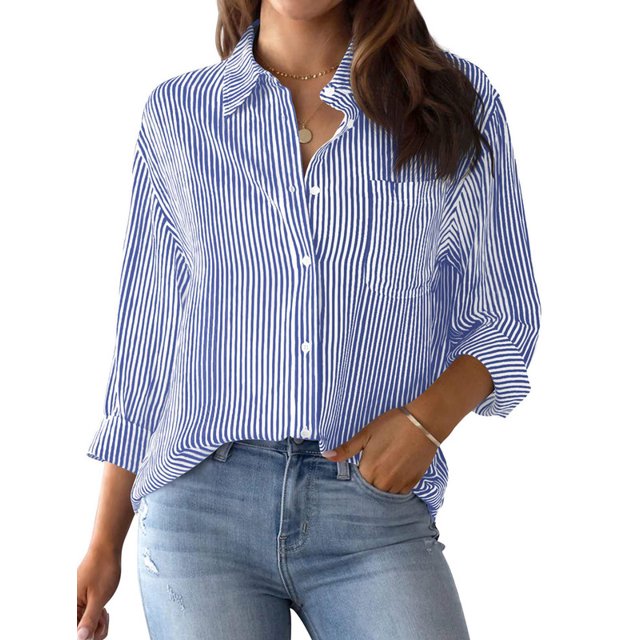 Blusa de manga larga para mujer, a rayas, informal, cuello en V, camisa de trabajo, holgada, con botones