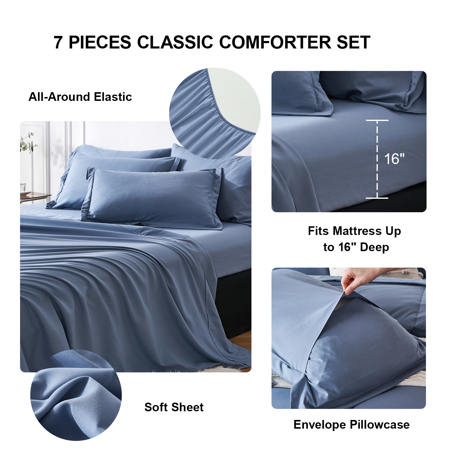 Flymme Full Size Comforter Sets with Sheets Blue Bed in a Bag Full Bed Sets 7 Pieces Modern Soft Microfiber Complete Bedding Sets for Women Man