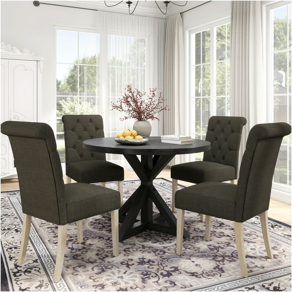 JERFIT 5-Piece Round Dining Table Set with Cross-Buck Base and 4 Tufted Upholstered Chairs, Charcoal Black
