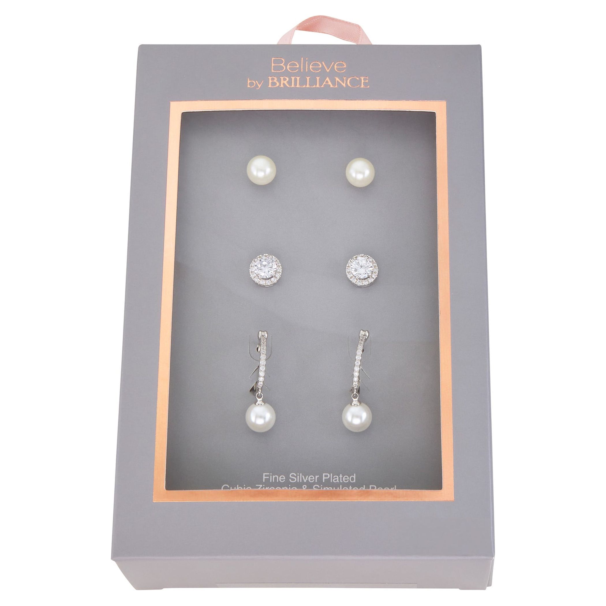 Believe by Brilliance Simulated Pearl and Cubic Zirconia Earring Trio in Fine Silver Plated Brass