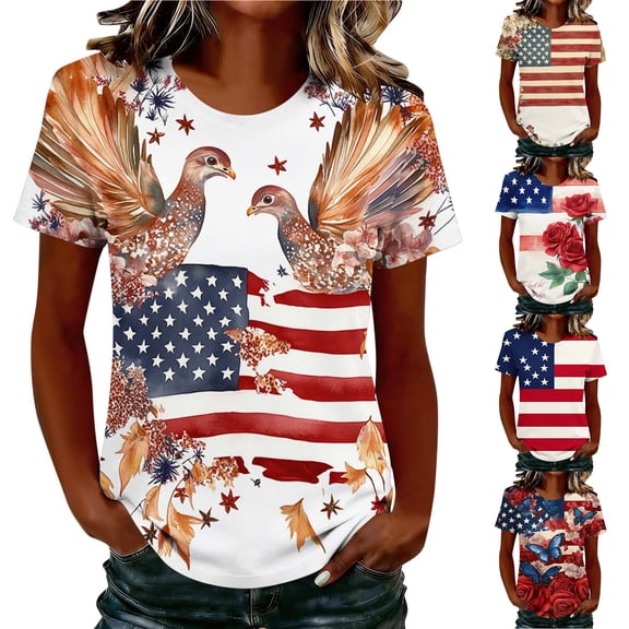 JTZGDY Womens Patriotic Shirts 4th of July American Flag Print Summer Short Sleeve Crewneck Graphic T-Shirts Trendy Holiday Oversized Tees Tops Multicolor#05 S
