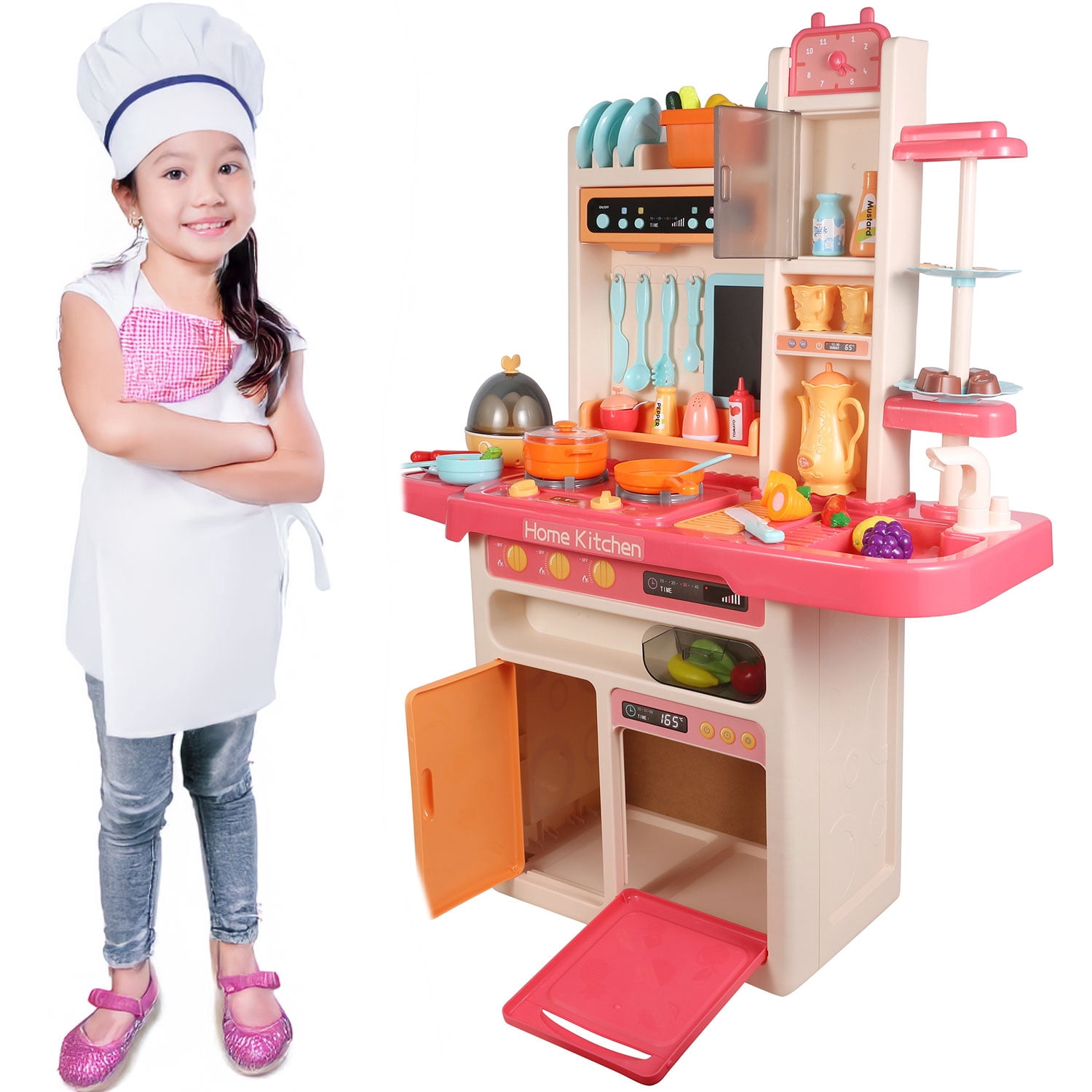 65-Piece Kids Pretend Play Kitchen Set with Play Food, Pots, Pans, Utensils, Plates and Menu Board