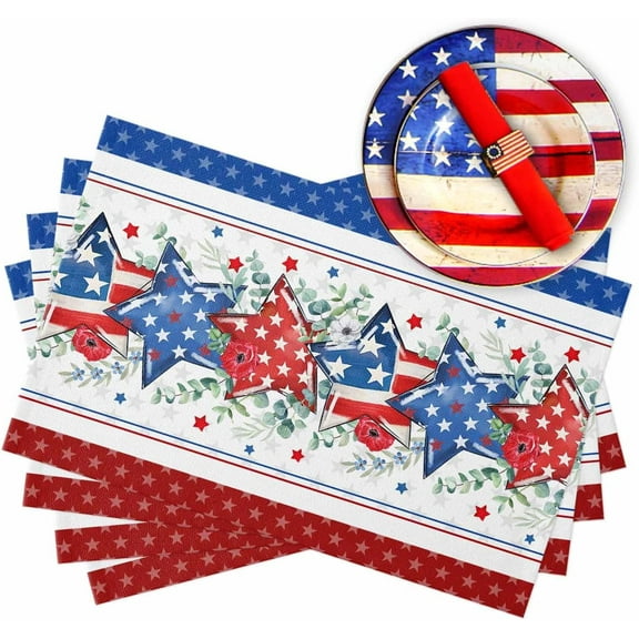 4th of July Placemats Set of 4, Patriotic Stars Placemat for Dining Tableations, Washable Cotton Linen Independence Day Place Mats, American Flag Poppy Table Mats for Kitchen Dinner Holiday Party
