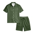 thumbnail image 5 of Sewkxo 2 Piece Outfits for Men Short Sleeves Lapel Button Down Shirts Drawstring Beach Shorts Summer Beach Casual Suits with Pockets,Army Green M, 5 of 6