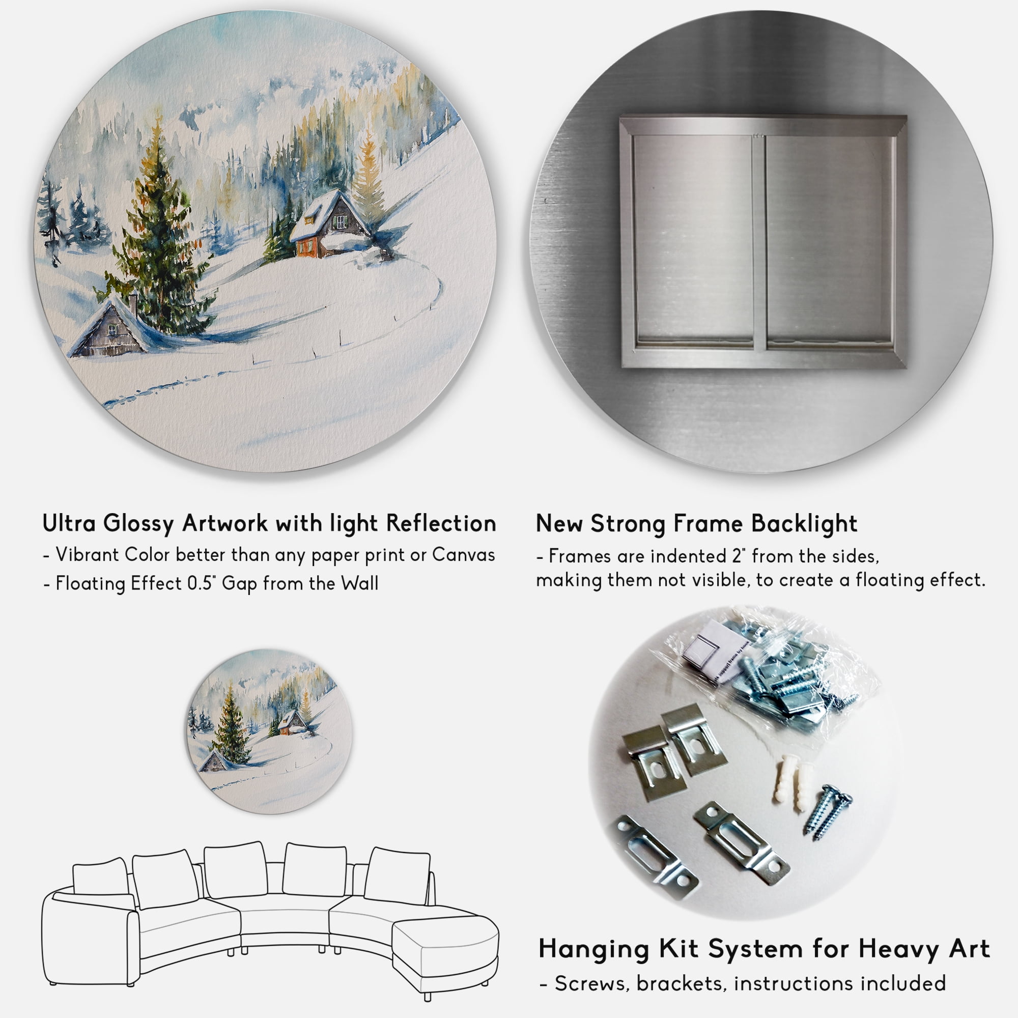 Designart 'The Winter Mountains With Little House' Traditional Circle Metal Wall Art 36x36 - Disc of 36
