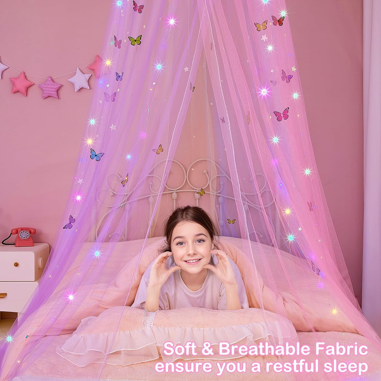 CAILDANL Bed Canopy for Girls Room Bed Canopy Curtains with Led Lights Mosquito Net DIY Princess Room Décor with Stars Butterflies for Kids Bedroom, Hot Pink