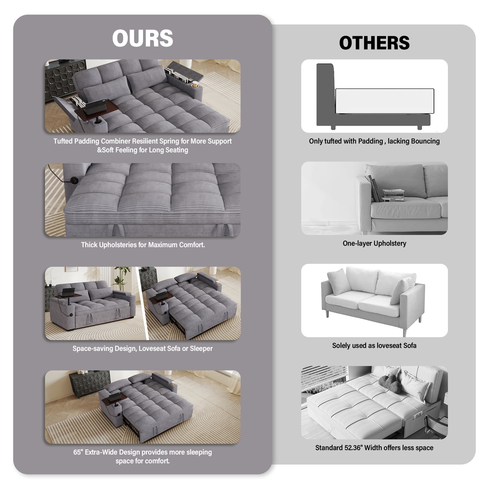 Aukfa 65"W Convertible Sofa Bed with Storage, 3-in-1 Corduroy Queen Sleeper Sofa Couch with 360° Swivel Side Table & USB /Type-C Ports,Gray