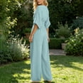 thumbnail image 6 of Ygbgbb Womens V Neck Cuffed Half Sleeve Jumpsuit Self Tie Fitted Waist Wide Leg Floor Length Pants with Hidden Pockets for Dinner Outings Town Trips Blue S, 6 of 7