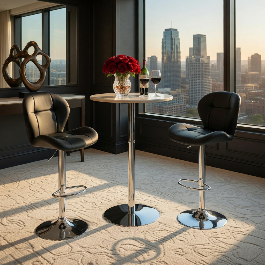 Hommoo 2-Pack Adjustable Bar Stools, PU Tufted Height-Adjustable Bar Chairs with Chrome Base & Footrest for Kitchen Island, Home Bar, Pub & Breakfast Counter, Black