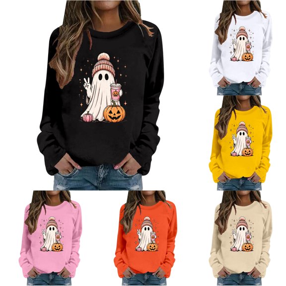 Trendfront Womens Halloween Graphic Sweatshirts Crewneck Long Sleeve Ghost Pumpkin Bucket Hat Floral Print Cute Casual Fall Pullover Tops