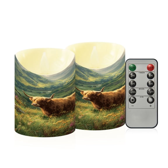 2 PCS Tilted Flameless Candles Flickering LED Lights Battery Operated Candles with Remote Timers for Holiday Decor Cow in Green Rolling Hills