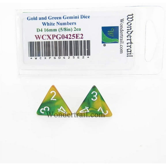 Gold and Green Gemini Dice with White Numbers D4 Aprox 16mm (5/8in) Pack of 2 Wondertrail